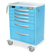 A light-blue metal cart with six drawers and a numeric keypad sits on wheels. The cart features a handle and is equipped with a lock. Harloff is printed on the top.