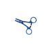 A blue surgical clamp rests on a white background. The clamp is closed.