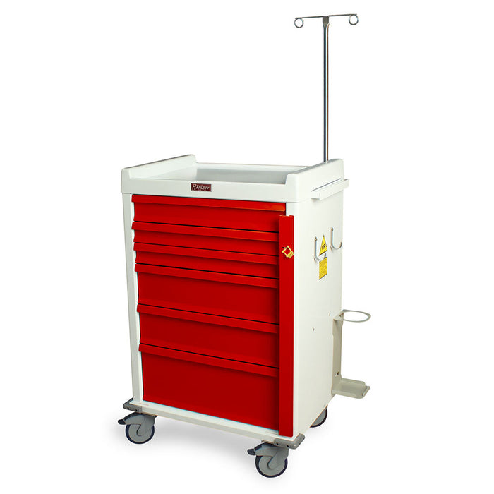A red and white medical cart with multiple drawers stands on wheels. It features an IV pole and is likely used for storing and transporting medical supplies in a hospital or clinic.