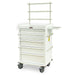 A white medical cart with multiple drawers and a top shelf sits stationary on four wheels. The cart is likely used for storage and transport of medical supplies.