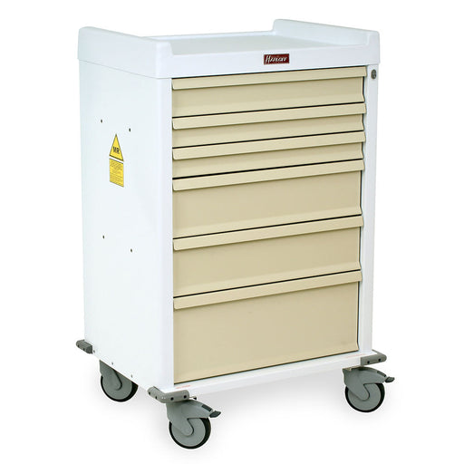 A white medical cart with multiple beige drawers sits on four wheels against a white background.