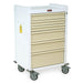A white medical cart with multiple beige drawers sits on four wheels against a white background.