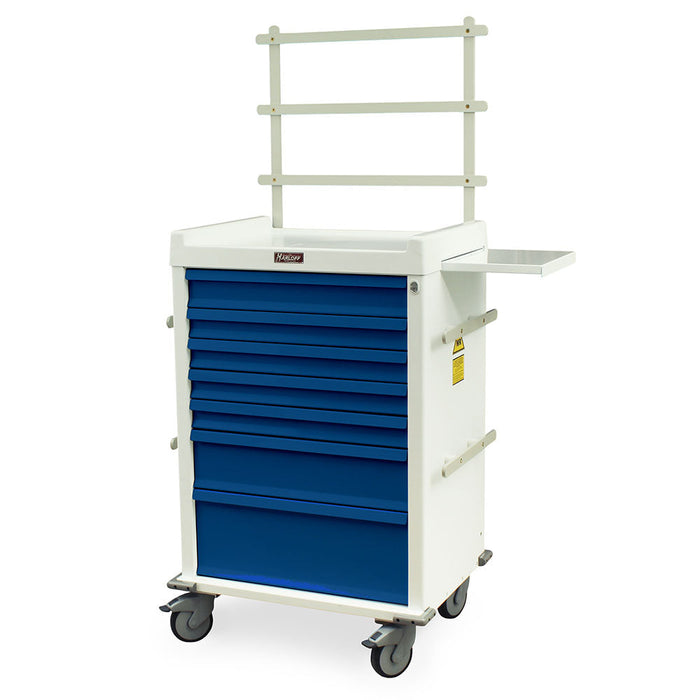 A white medical cart with blue drawers and a top shelf sits on wheels. It has a rear rack and a small side shelf. The brand name "Harloff" is visible.