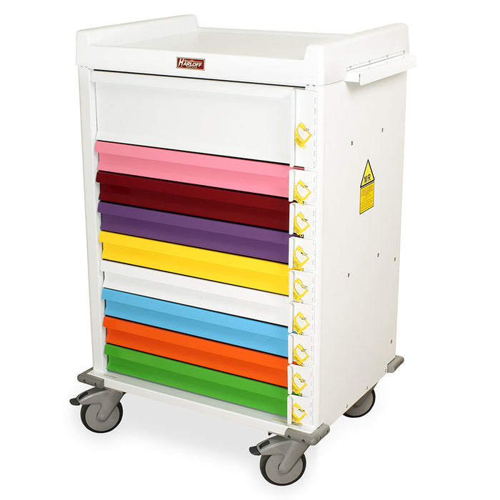 A white medical cart with multicolored drawers sits on wheels. The top drawer has the word "Harloff" printed on it.