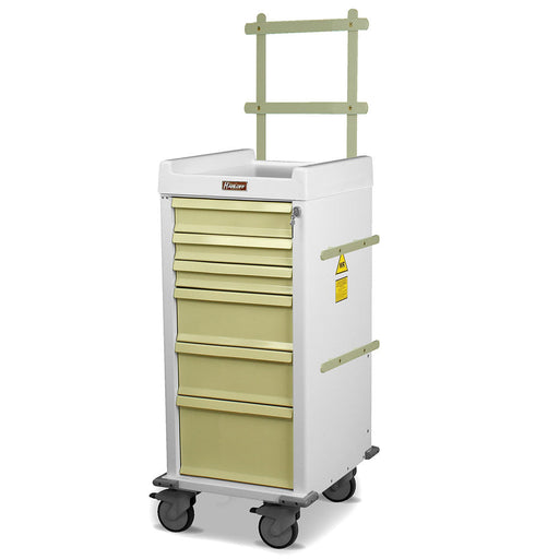 A white medical cart with multiple drawers and a small upper shelf sits on four wheels. The drawers are light beige or gold.