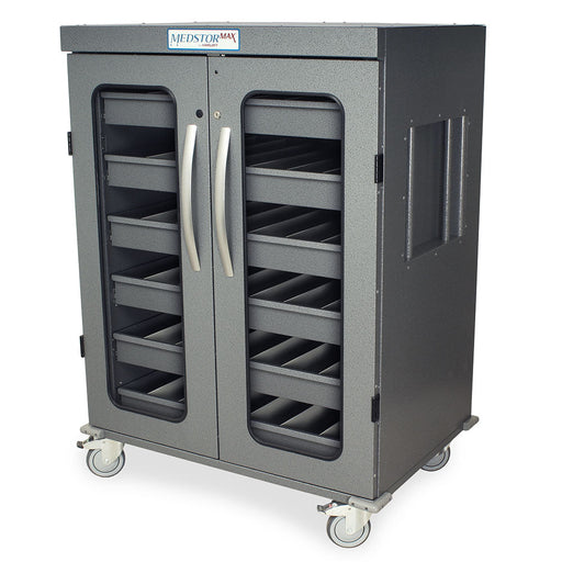 A gray metal cabinet with double doors and interior shelving sits on wheels. The cabinet appears to be designed for storage.