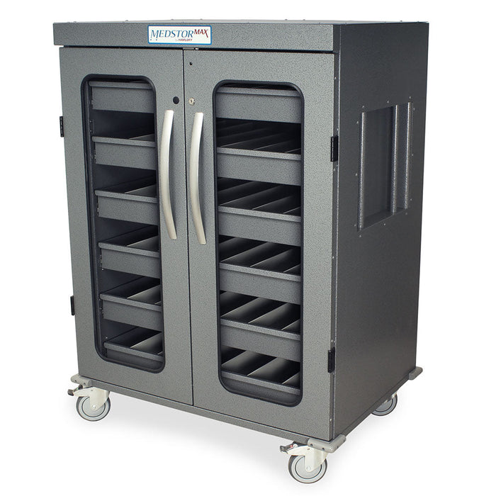 A gray metal cabinet with double doors and interior shelving sits on wheels. The cabinet appears to be designed for storage.