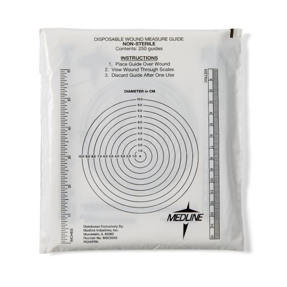A disposable wound measure guide, contained in a plastic packet, is used to measure wound diameter using concentric circles and ruler scales in centimeters and inches.