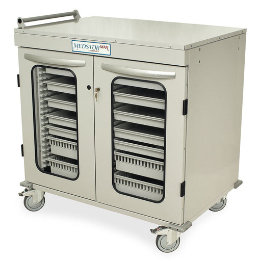 A MedStorMax medication cart sits on wheels. It has two doors with multiple drawers inside, providing storage. The cart has a handle on top. MEDSTORMAX by HARLOFF is printed on the top.
