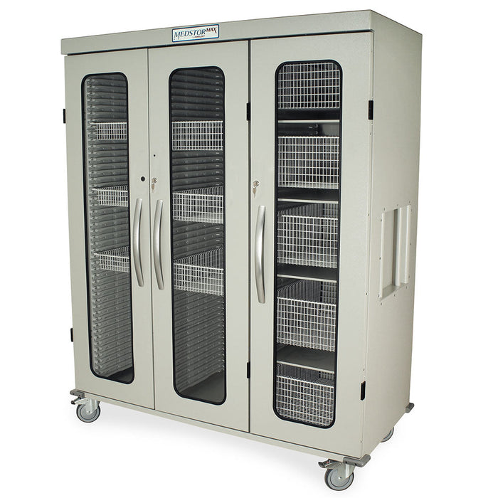 A MEDSTORMAX cabinet stands on wheels; it has three sections with wire baskets and glass doors, providing storage.