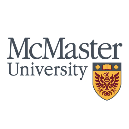 The McMaster University logo displays the university's name alongside its heraldic crest; a grey shield featuring a red eagle, book, and maple leaves on a gold background.