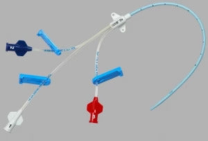 A double-lumen venous catheter is displayed, featuring two lumens extending from a single insertion point, accompanied by various connectors and clamps. The catheter is curved and rests on a plain gray background.