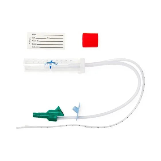A Medline-branded medical device, a clear graduated cylinder connected to tubing with a green connector, rests on a white background; accompanied by a red cap and a blank patient data label.
