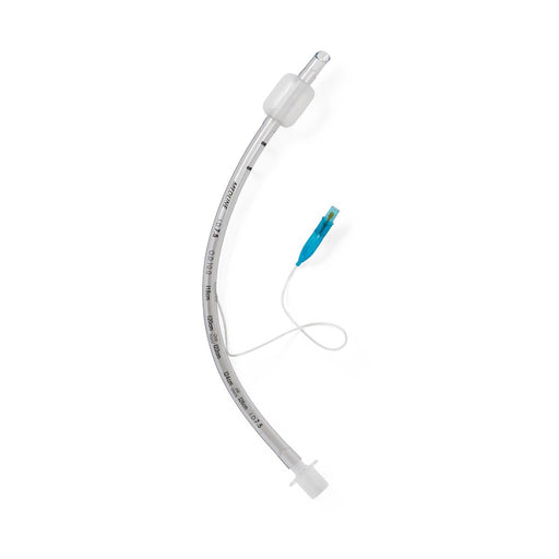 A curved endotracheal tube with markings rests on a white background; a small connector is attached to its side.