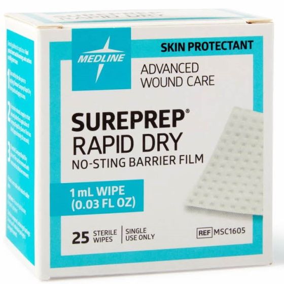 A box of SurePrep Rapid Dry no-sting barrier film wipes sits on a surface. It contains 25 single-use, sterile wipes. The box is labeled with product information and the manufacturer, Medline.