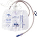 A Medline urine collection bag, sits on a white background. The bag is clear and has measurement markings; tubing connects to it. "OPEN AND CLOSE SLIDE TAP BEFORE INSTALL" is printed on the bag.