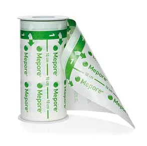 A roll of Mepore adhesive bandage unwinds, revealing its white, perforated surface marked with green lines and the brand name. The markings indicate 10 cm measurements.