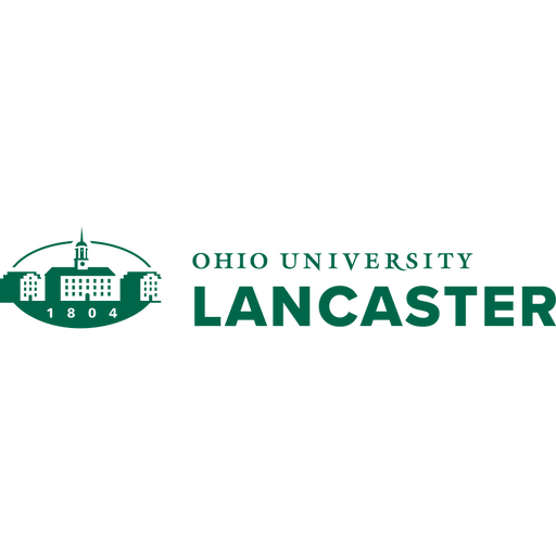 A stylized campus building is presented beside the text "OHIO UNIVERSITY LANCASTER" in dark teal on a black background.