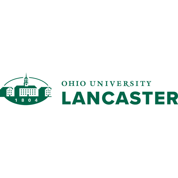 A stylized campus building is presented beside the text "OHIO UNIVERSITY LANCASTER" in dark teal on a black background.