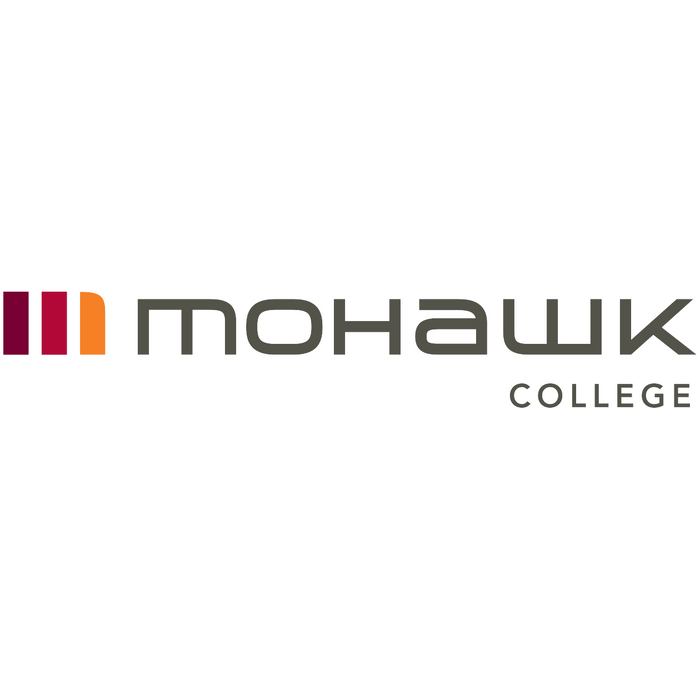 A logo displays the word "MOHAWK COLLEGE" in a sans-serif font, accompanied by a stylized, three-vertical-bar graphic in maroon, orange, and a darker shade of maroon.