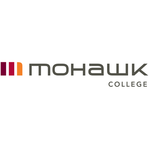A Mohawk College logo displays on a white background. The logo consists of a stylized three-bar design in maroon and orange alongside the words "MOHAWK COLLEGE" in gray lettering.