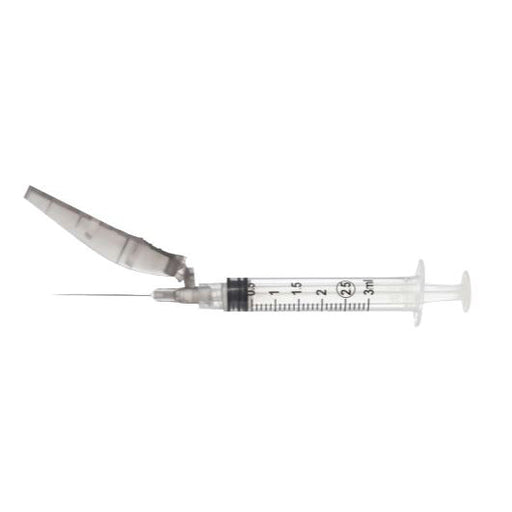 A 3ml syringe with a needle attached rests on a white background; its safety cover is open.