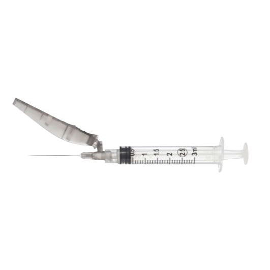 A 3ml syringe with a needle attached rests on a white background; its safety cover is open.