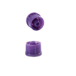 Two small, purple plastic caps are shown, one inverted, against a plain white background.
