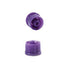 Two small, purple plastic caps are shown, one inverted, against a plain white background.