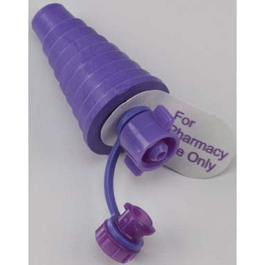 A purple, conical medical connector with a small attached tube sits on a white background. A label reads, “For Pharmacy Use Only.”