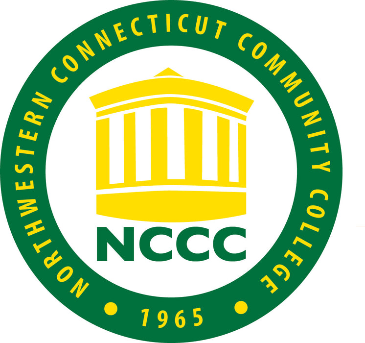 A yellow building icon is displayed within a green circular emblem reading "NORTHWESTERN CONNECTICUT COMMUNITY COLLEGE" and "1965".