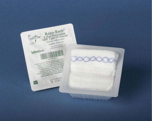 A sterile gauze pad rests in plastic packaging, alongside its informational leaflet. The packaging is displayed against a solid blue background.