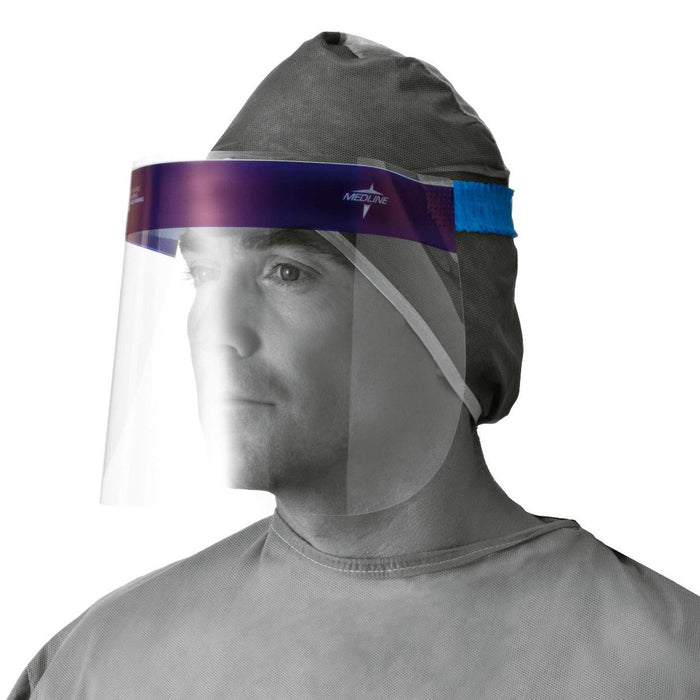 A person wearing a MEDLINE-branded face shield, a clear plastic covering protecting the face, over a surgical cap, against a white background.