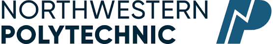 A dark-blue logo displays "NORTHWESTERN POLYTECHNIC" in sans-serif font, accompanied by a stylized dark-blue "P" incorporating a lightning bolt.