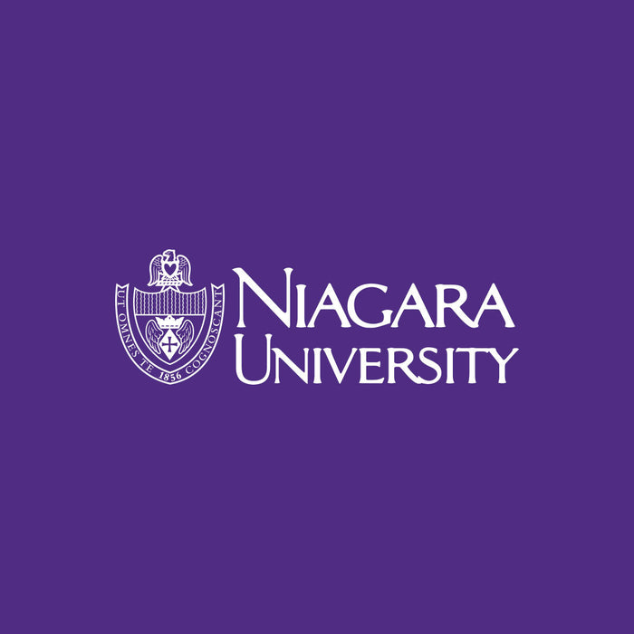 A white crest and the words "NIAGARA UNIVERSITY" are displayed on a purple background. The crest includes the year "1856" and the Latin phrase "UT OMNES TE COGNOSCANT".