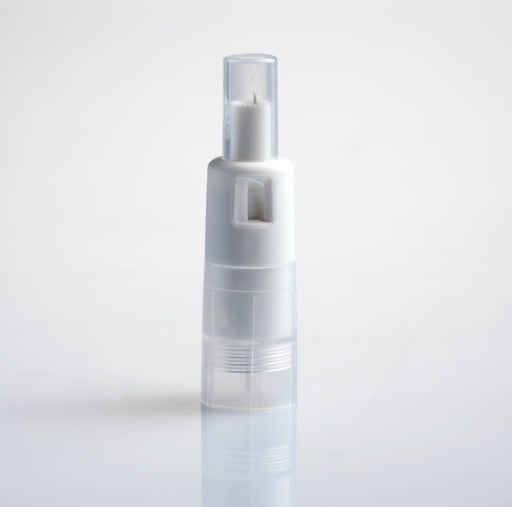 A white pen-like object stands upright on a white surface. The object has a clear top section and a slightly translucent bottom section.