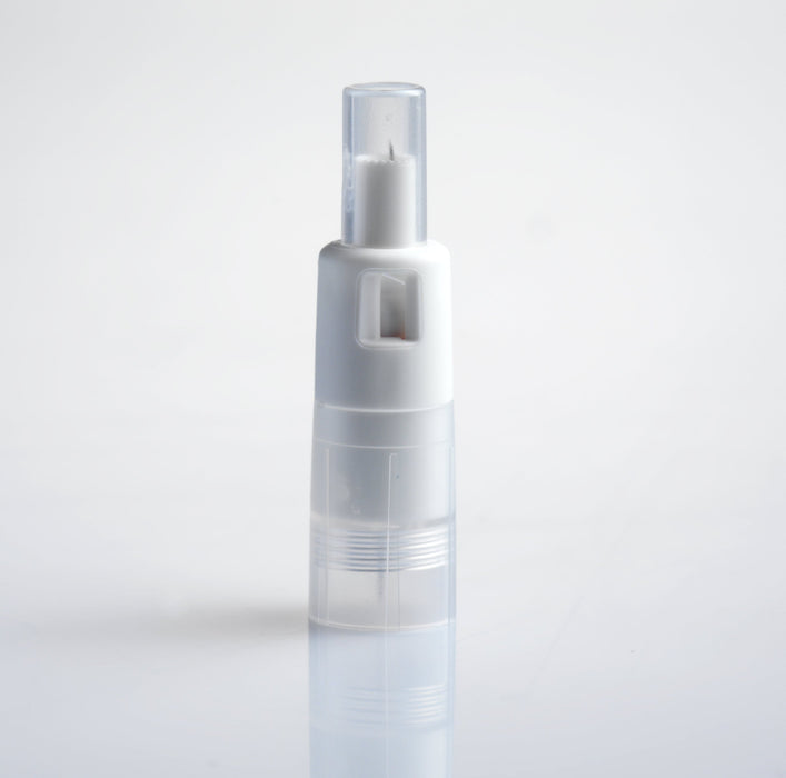 A white pen-like object stands upright on a white surface. The object has a clear top section and a slightly translucent bottom section.