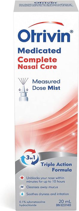 A nasal spray bottle displays "Otrivin Medicated Complete Nasal Care" and "Measured Dose Mist," advertising a triple-action formula to unblock, cleanse, and soothe nasal passages. It contains 20 mL of 0.1% xylometazoline hydrochloride.