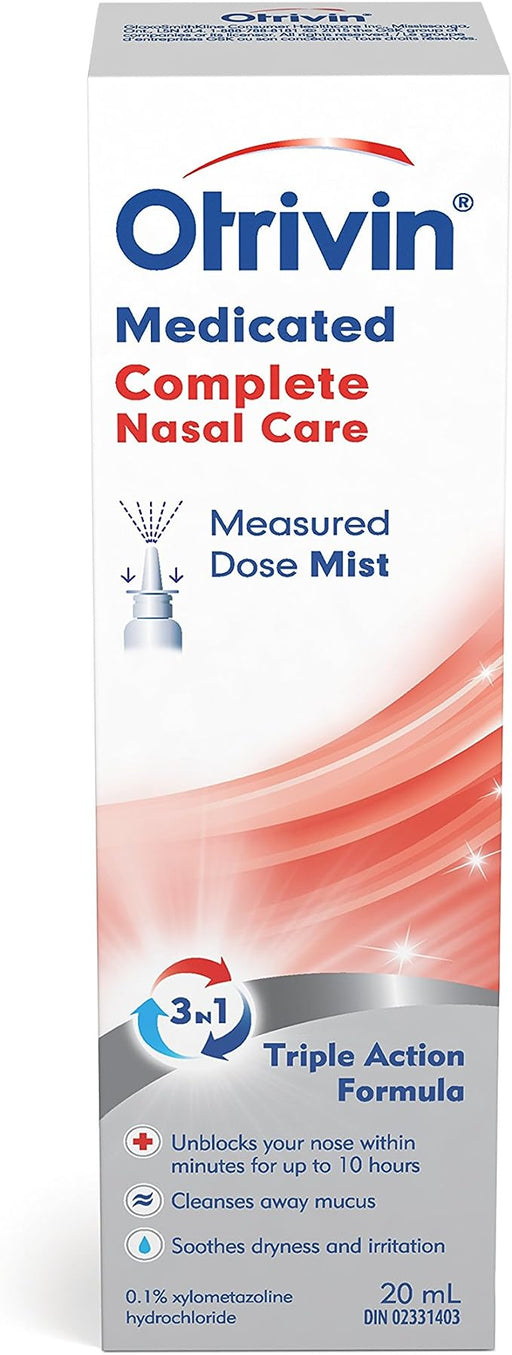 A nasal spray bottle displays "Otrivin Medicated Complete Nasal Care" and "Measured Dose Mist," advertising a triple-action formula to unblock, cleanse, and soothe nasal passages. It contains 20 mL of 0.1% xylometazoline hydrochloride.