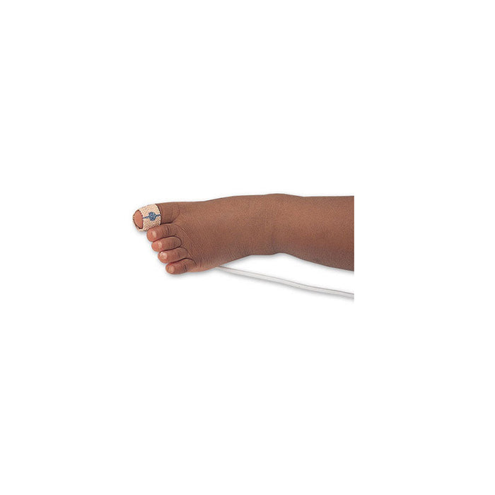 A baby's foot has a sensor taped to its big toe. A white wire extends from the foot on a white background.