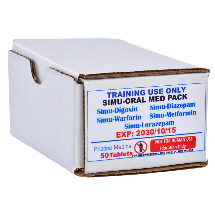 A rectangular cardboard box containing 50 simulated oral medication tablets sits on a surface. The box is labeled "TRAINING USE ONLY SIMU-ORAL MED PACK," listing various simulated drugs and an expiration date of 2030/10/15. It's clearly marked "NOT FOR HUMAN USE, Education Only."