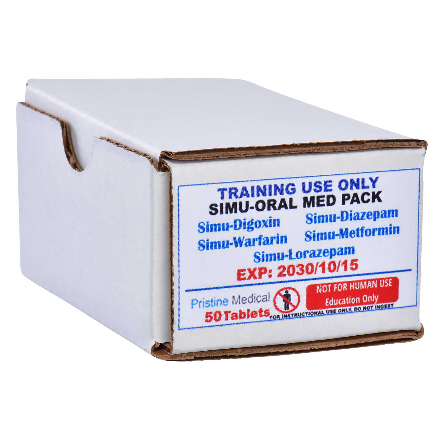 A rectangular cardboard box containing 50 simulated oral medication tablets sits on a surface. The box is labeled "TRAINING USE ONLY SIMU-ORAL MED PACK," listing various simulated drugs and an expiration date of 2030/10/15. It's clearly marked "NOT FOR HUMAN USE, Education Only."