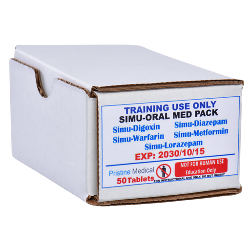 A cardboard box containing 50 simulated oral medication tablets sits on a black background. The box is labeled "Training Use Only Simu-Oral Med Pack," listing several simulated drugs and an expiration date of 2030/10/15. The box clearly states it is "Not For Human Use."