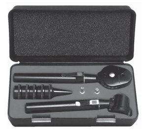 A black otoscope set rests open in its black carrying case. The set includes a handle, several specula, and other small parts.