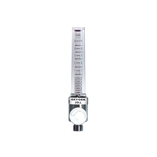 An oxygen flow meter displays flow rate against a graduated scale, in liters per minute, on a white background. The label reads "OXYGEN (O₂)".