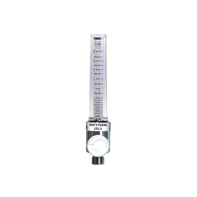 An oxygen flow meter displays flow rate against a graduated scale, in liters per minute, on a white background. The label reads "OXYGEN (O₂)".