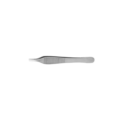 A metallic surgical forceps lies horizontally against a white background.