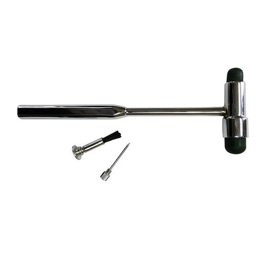 A reflex hammer rests on a white background; two smaller tools lie beside it.