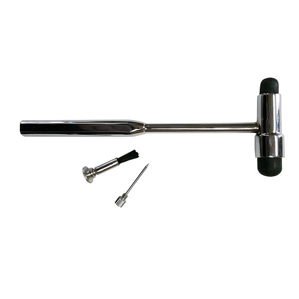 A reflex hammer rests on a white background; two smaller tools lie beside it.