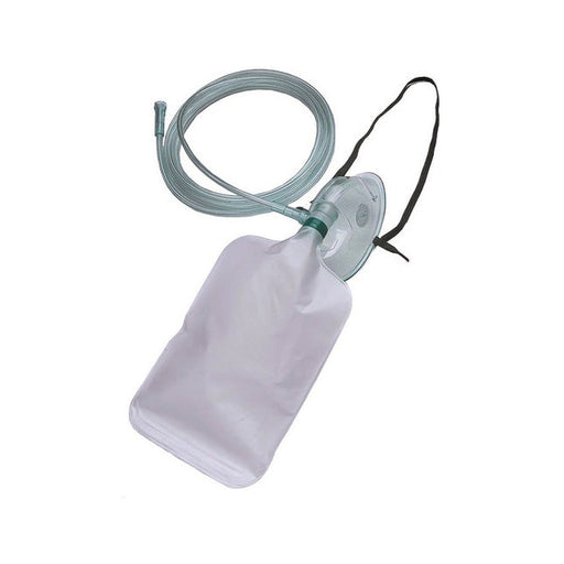 A bag-valve mask is being displayed against a white background. The mask is connected to a reservoir bag and tubing.